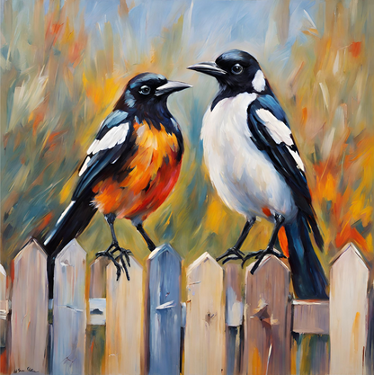 Two birds perched on a fence with a colorful, abstract background