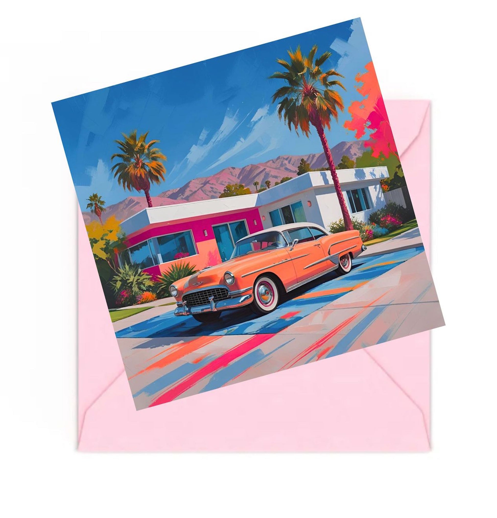mini art print of a palm springs caliornia house with vintage car and palm trees, on top of a pink envelope