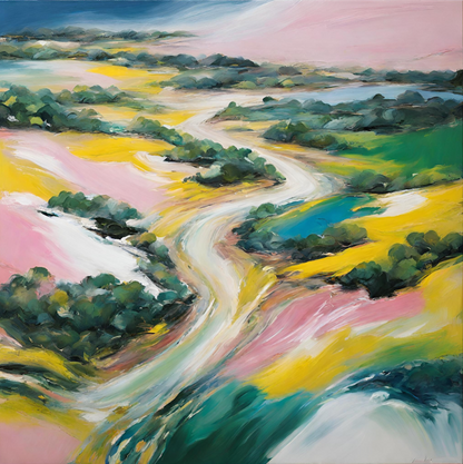 pastel coloured abstract Australian landscape with hills bushes and water 