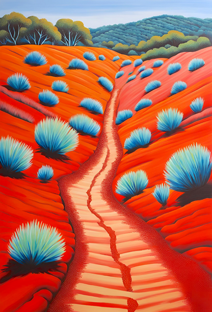 Artistic depiction of a desert landscape with blue flowering plants and a winding path.