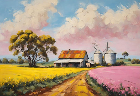 Australian Landscape  Art-Farmhouse, Silos- Canola Fields original Giclée Art Print.