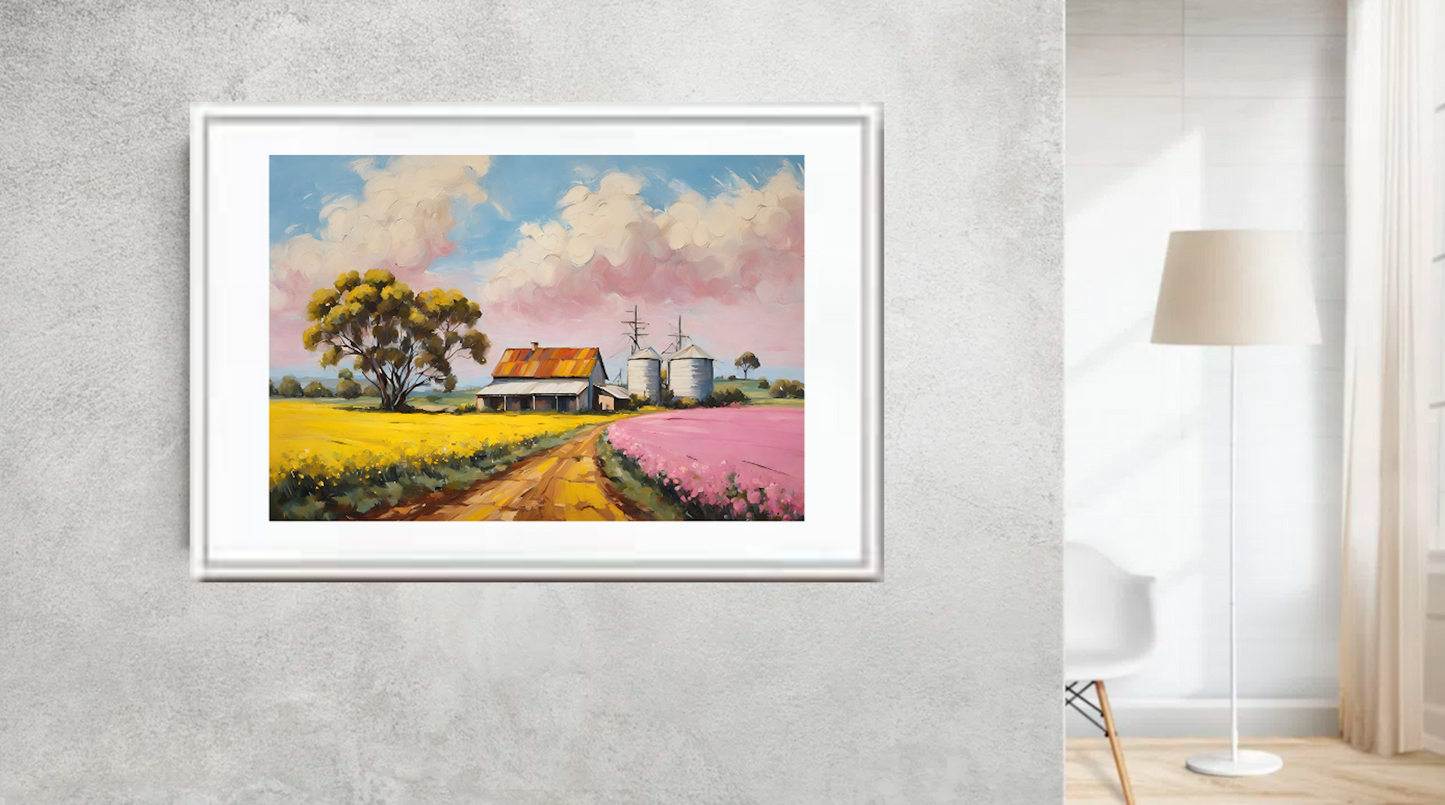 Australian Landscape  Art-Farmhouse, Silos- Canola Fields original Giclée Art Print.