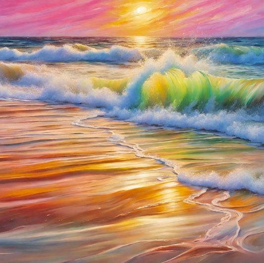 Colorful ocean waves and beach at sunset art print