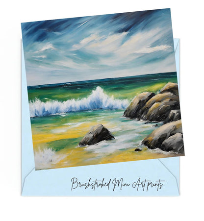 Seascape with rocks, waves and blue skies mini art print.