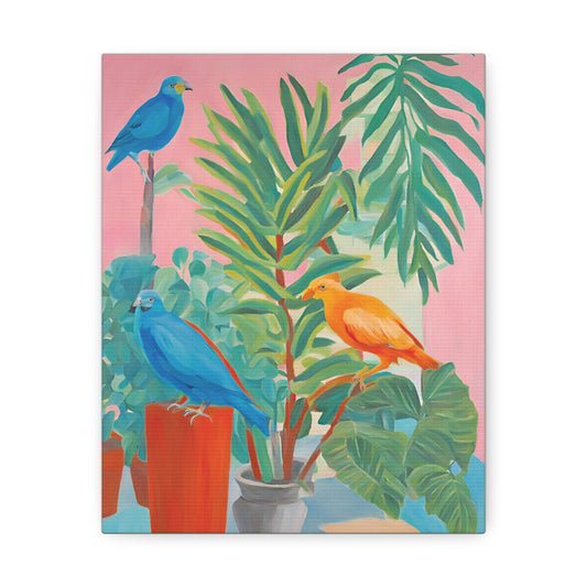 colourful birds and plants art work  with pink background
