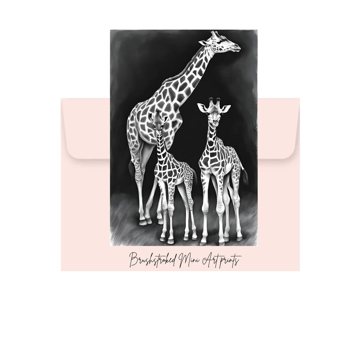 mini Art print of two giraffes on a black background with a pink envelope.
