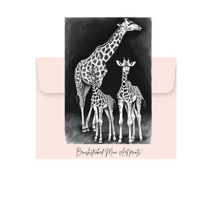 mini Art print of two giraffes on a black background with a pink envelope.
