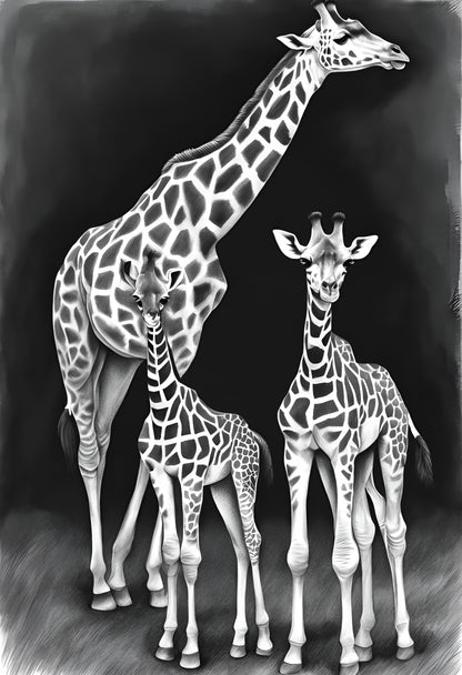 black and white giraffes art print