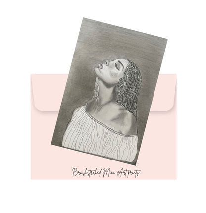 black and white mini Art print of a woman on top of a pink envelope