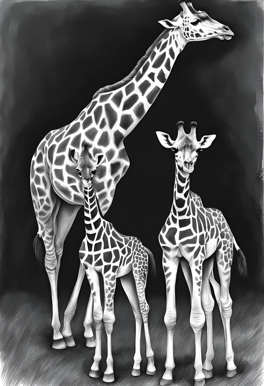 From Original Charcoal Drawing- Giraffes- Animal Art- Black And White Giclée Print.