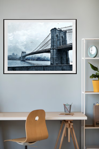 brooklyn_bridge_black_and_white_art print framed in black frame hanging on wall