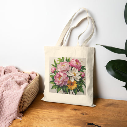 Canvas tote bag with  Pink, White and yellow floral print sitting on the floor.