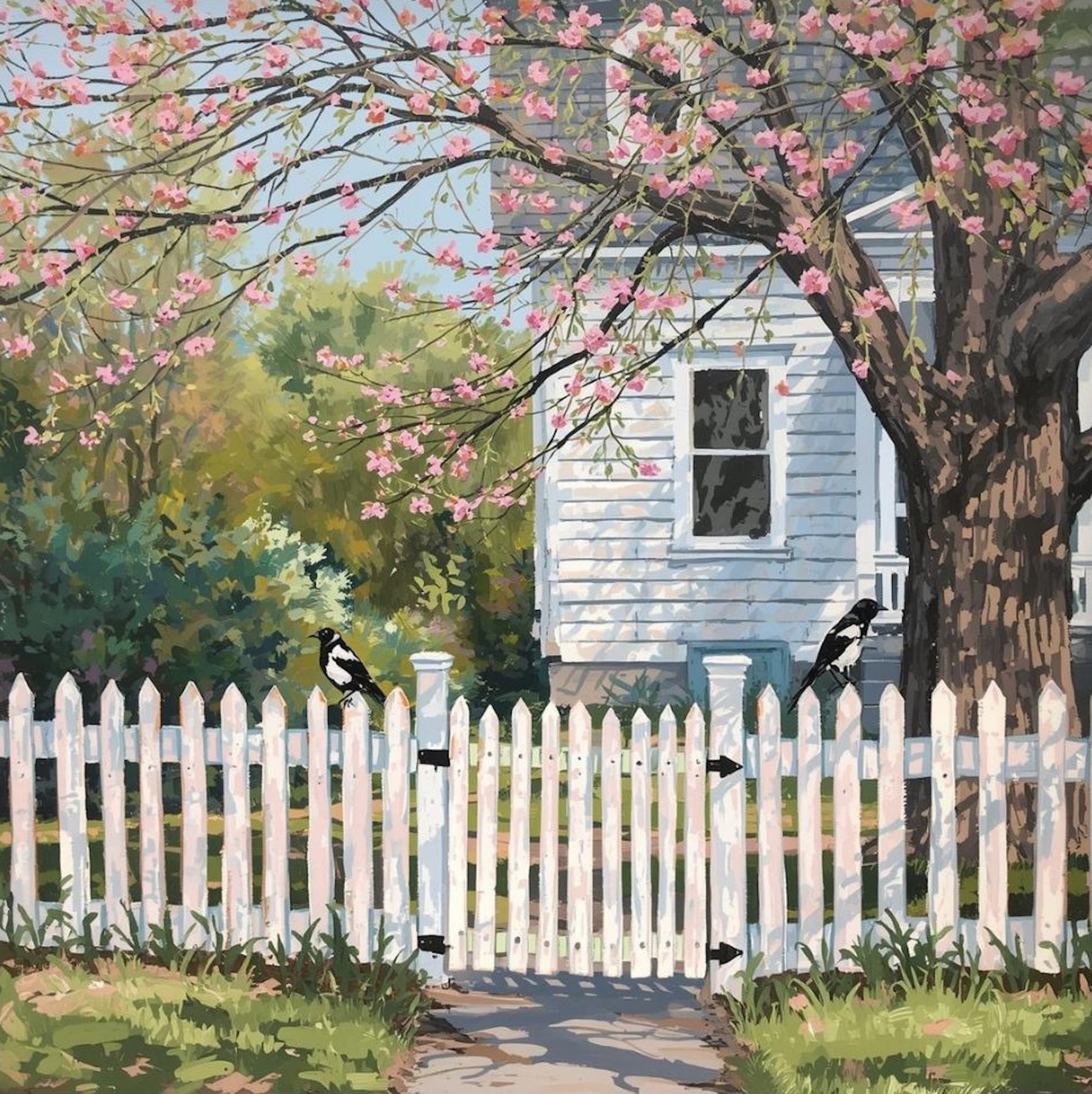 Painting of a white weatherboard house with Pink cherry blossoms and a white picket fence with two magpies on the fence art print.