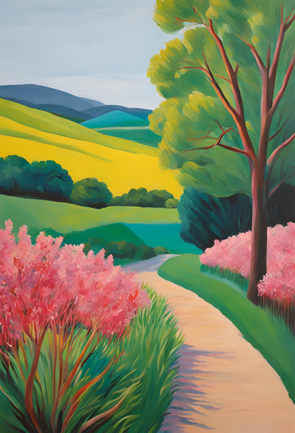 A serene painting depicting a colourful landscape winding path through a vibrant field of blooming pink flowers green graa blue hills and a tree