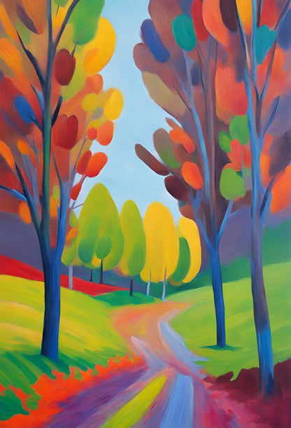 landscape art print with colourful trees ,green grass and a path .