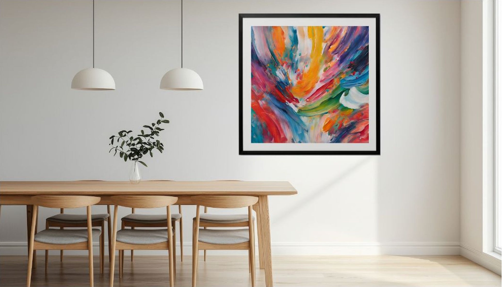 Colorful abstract painting on a wall above a wooden dining table with chairs.