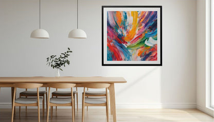 Colorful abstract painting on a wall above a wooden dining table with chairs.