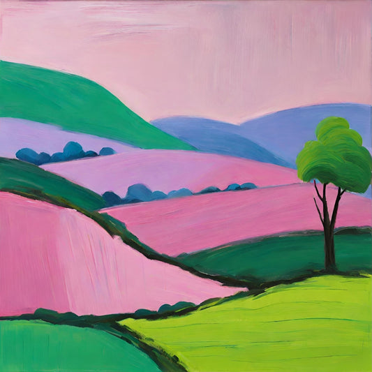 Colorful landscape painting with rolling hills and a tree