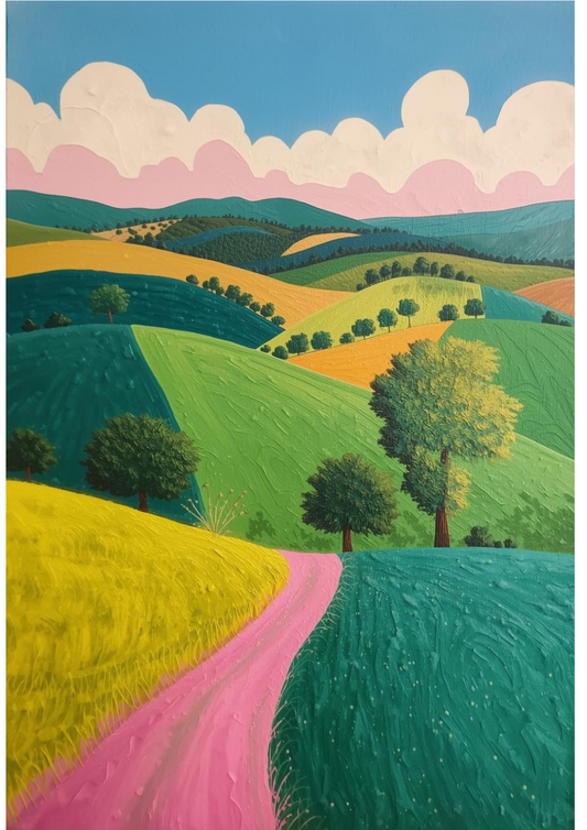 Colorful abstract landscape painting with rolling hills and a pink path.