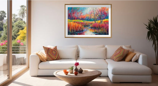 Living room with a white sofa, colourful landscape painting on wall and decorative items.