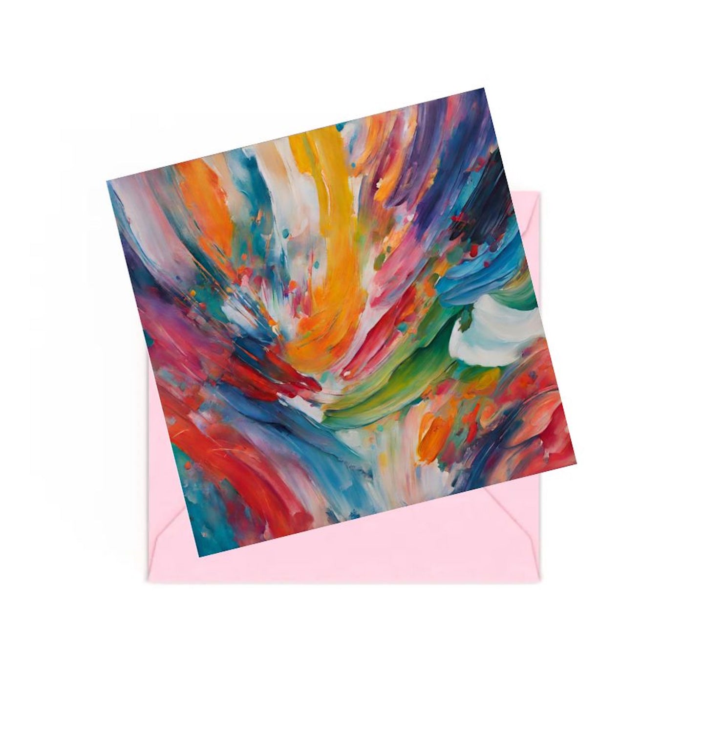 Colourful abstract mini art print on top of a Pink envelope.