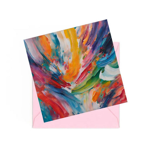 Colourful abstract mini art print on top of a Pink envelope.