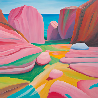 A painting depicting pink rocks beside tranquil water, showcasing a serene natural seascape.
