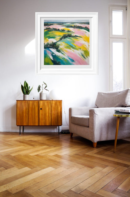 abstract_Australian_landscape-colourful_art_print fdramed and hung on wall