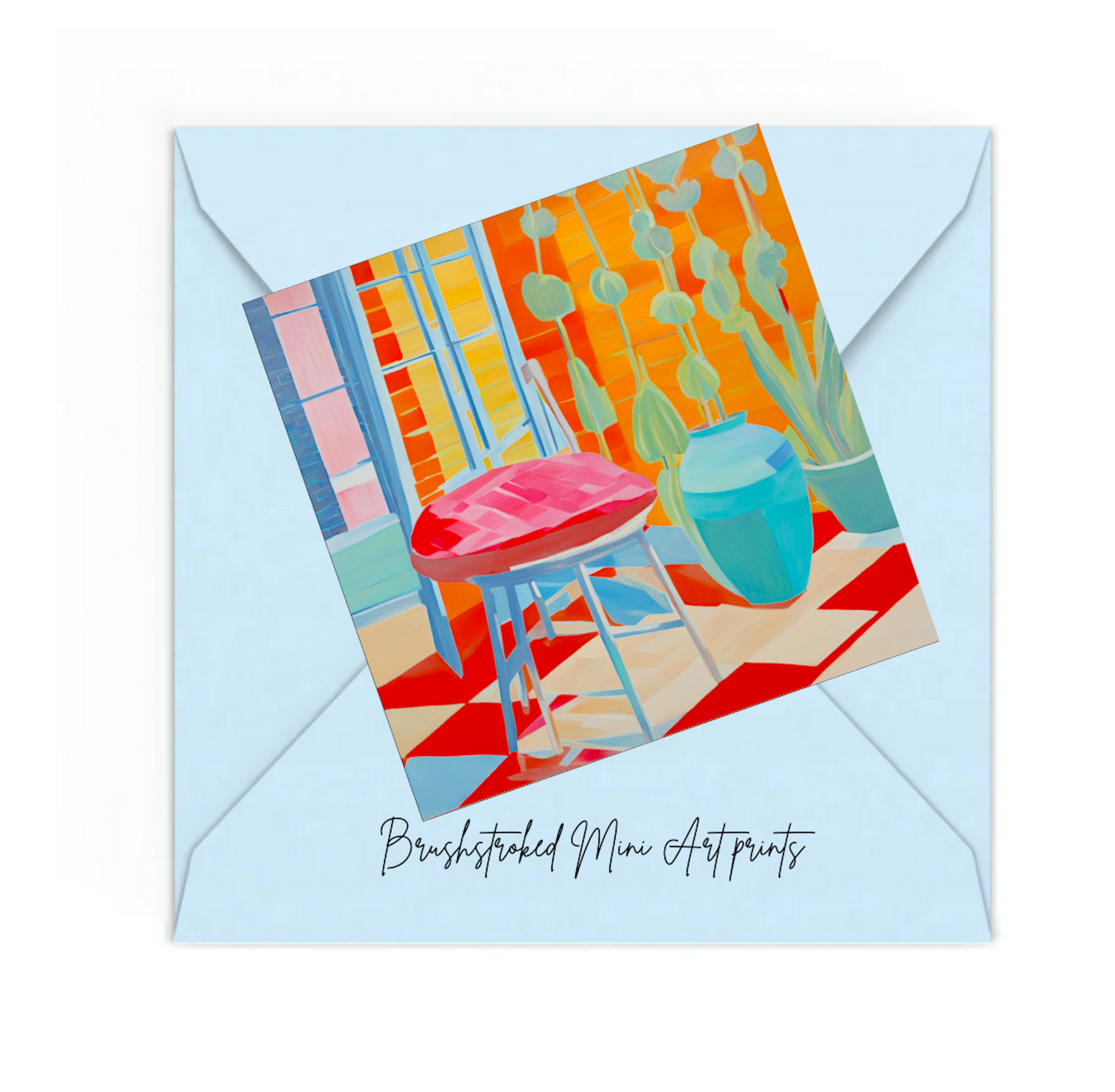 colourful mini art print of a roomscape hockney style on top of a blue envelope