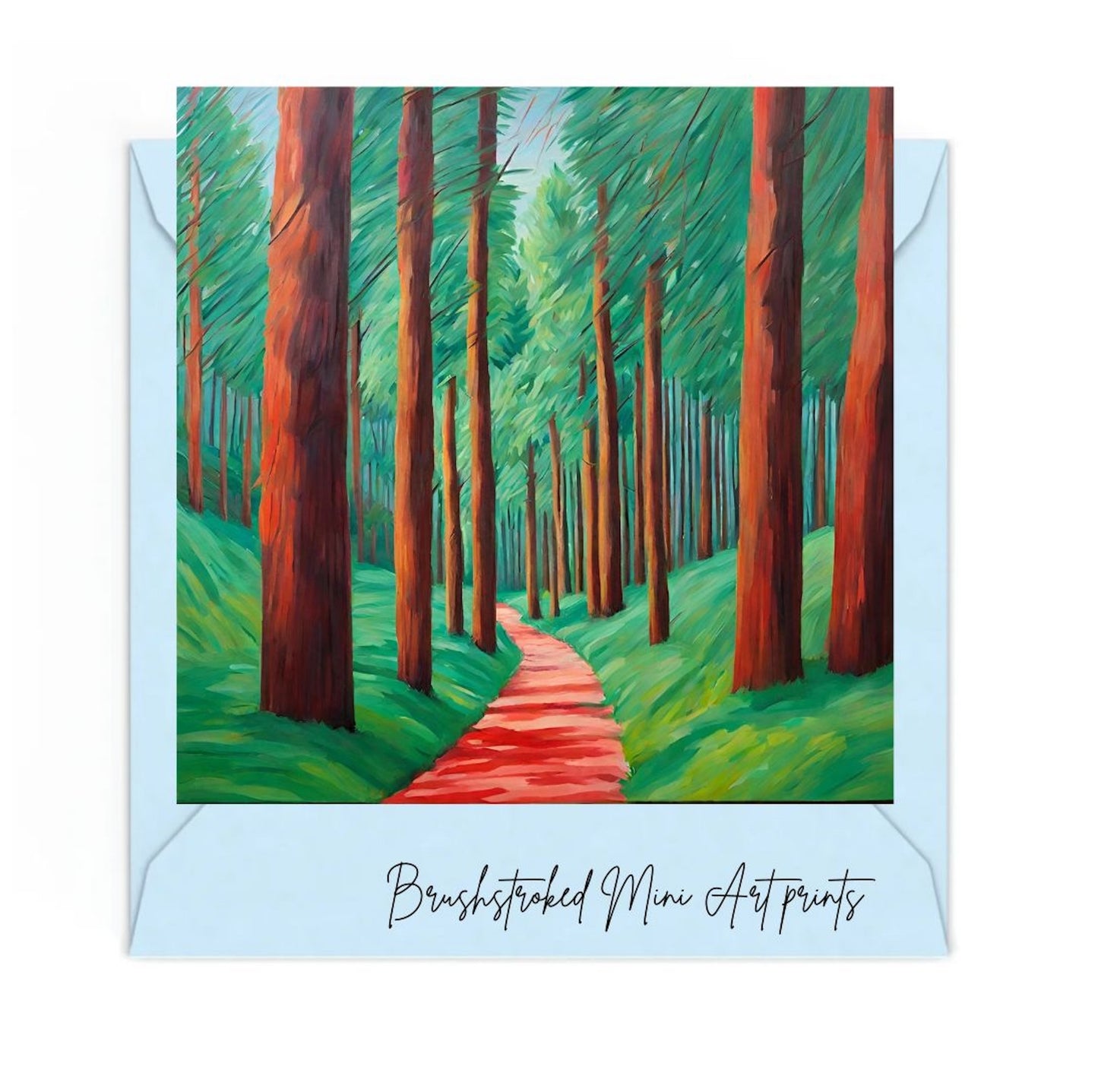 David Hockney style colourful trees, path grass forest mini art print.