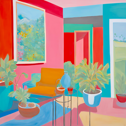 colorful hockney style room interior art