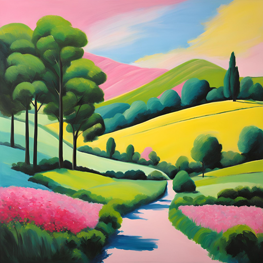 A serene landscape painting showing a path meandering through a lush field filled with various colorful flowers in full bloom with blue sky