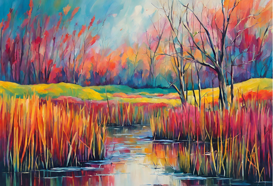 Colorful landscape painting of a forest with trees and grasses reflected in water