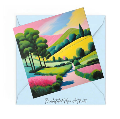 Framed colourful landscape giclée print with hills and trees