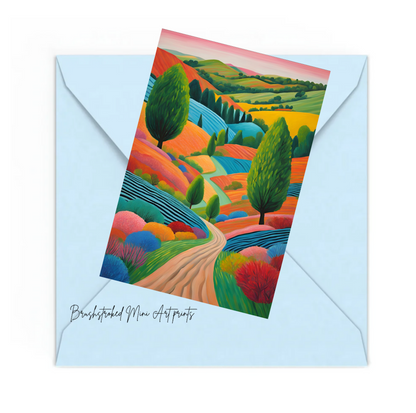 whimsical colourful hockney style landscape mini print on top of blue envelope.