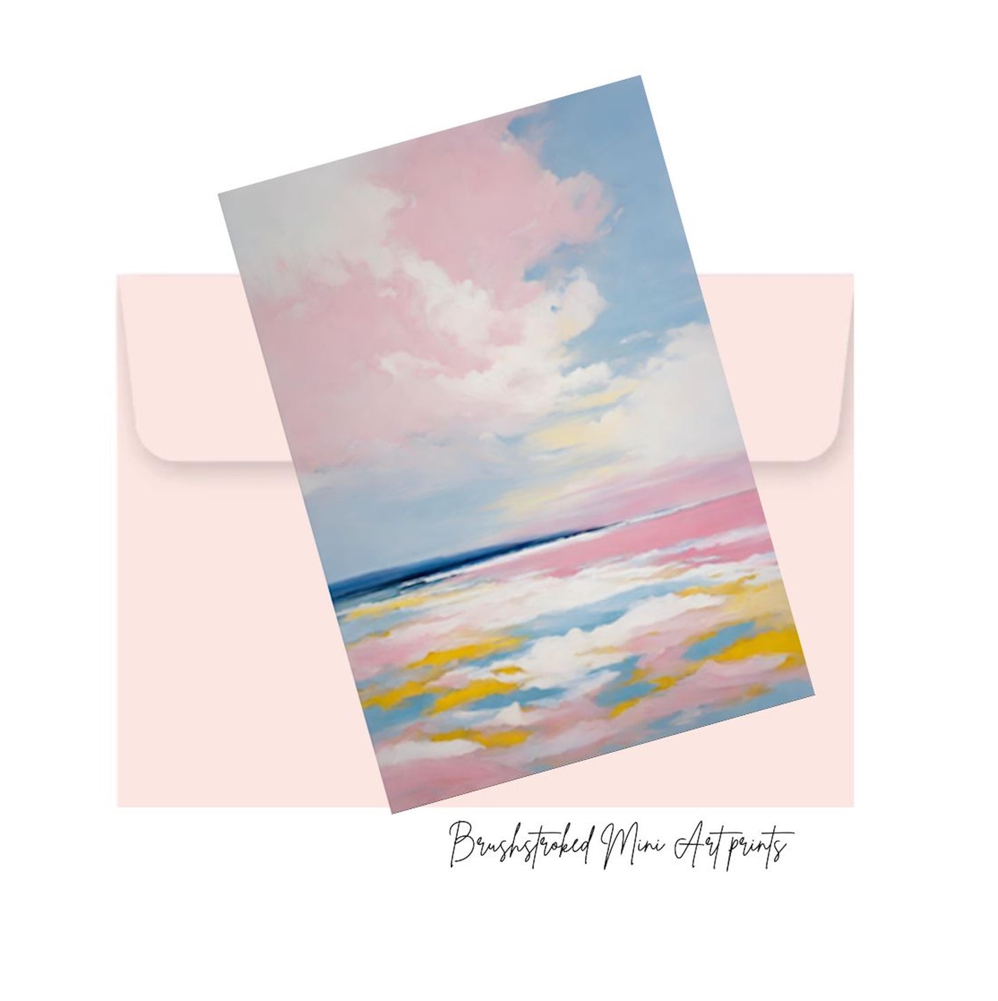 colourful pastel seascape with waves blue and pink skies hockney style colourful mini art print.