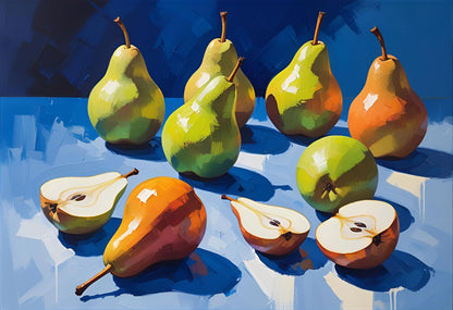 Colorful pears on a blue surface with a dark blue background