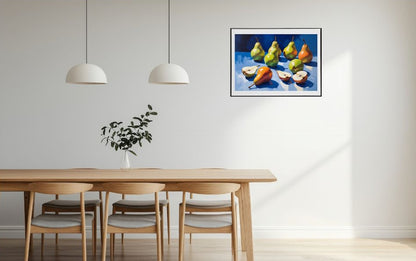 Dining room with a wooden table and chairs, featuring a framed artwork of pears on the wall.