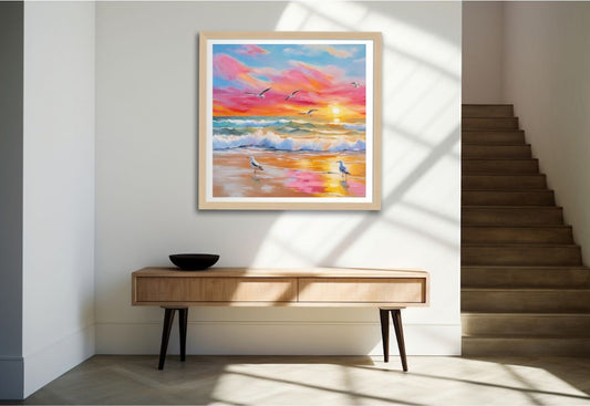 Colorful beach scene painting on a wall above a wooden console table with a bowl.