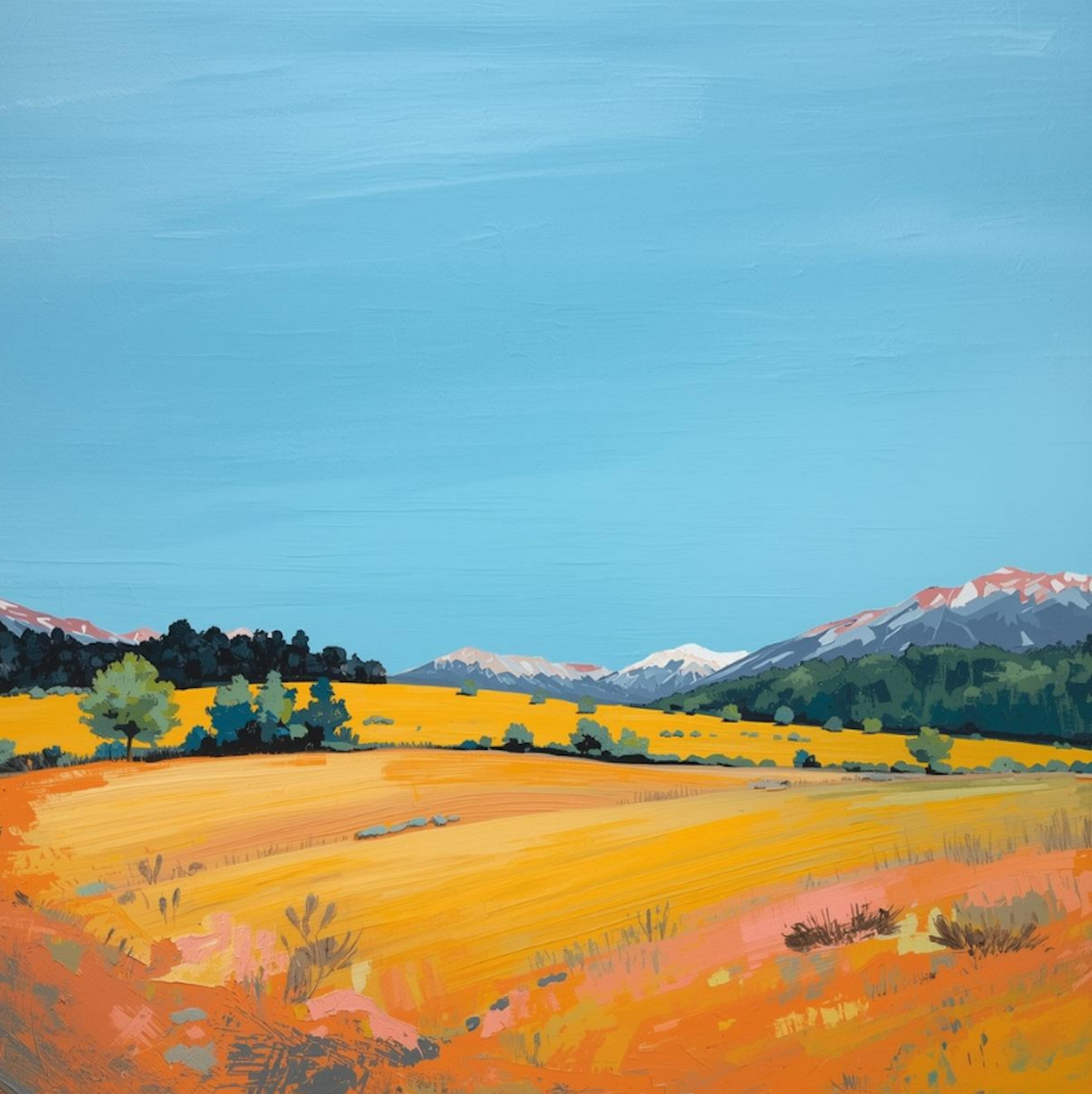 Painting of a landscape with a yellow field, trees, and mountains under a blue sky.