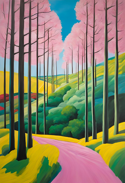 colourful trees landscape hills path pink blue green yellow art print whimsy hockney style