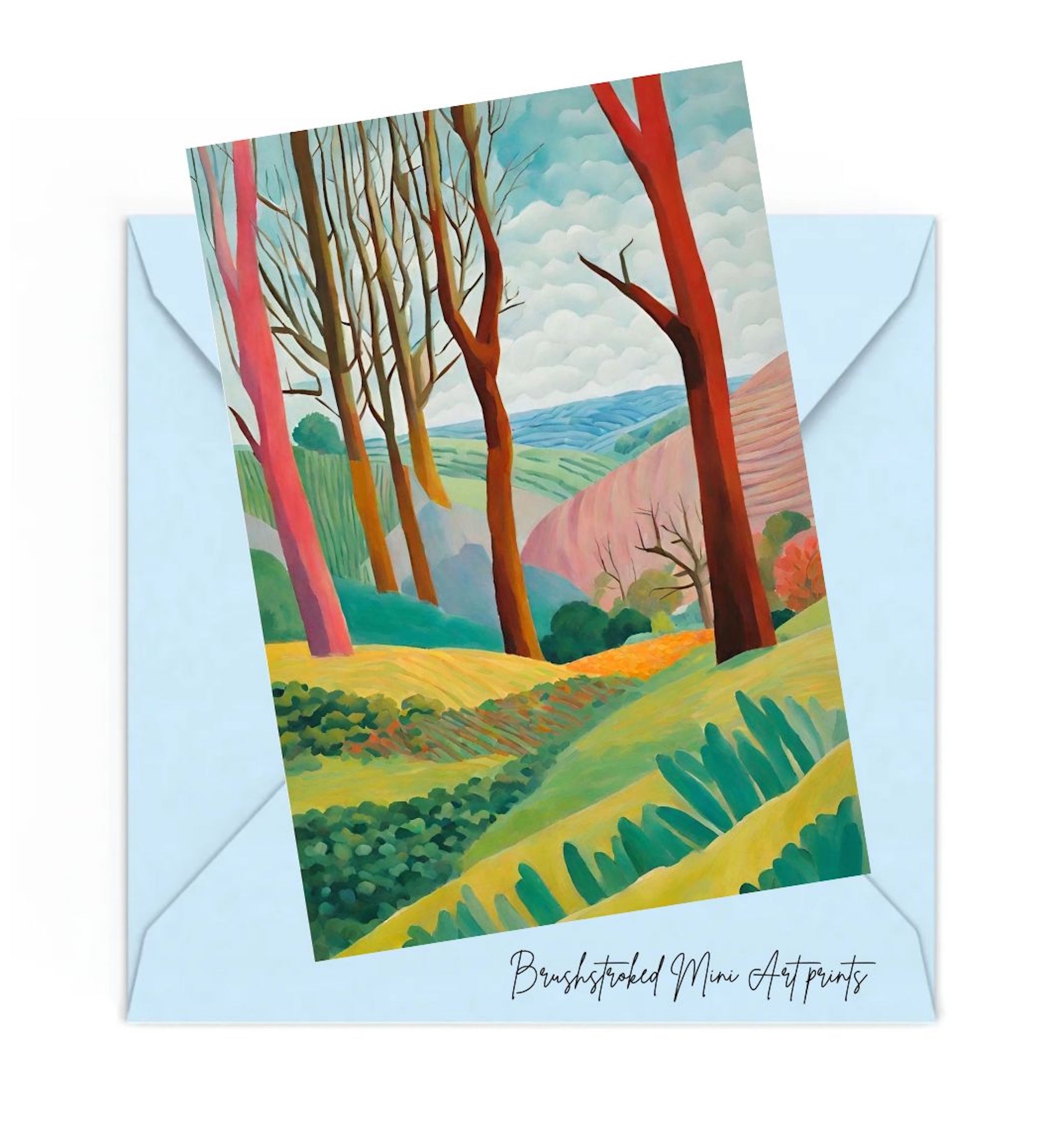 colourful landscape mini art print hockney style  trees hills colourful
