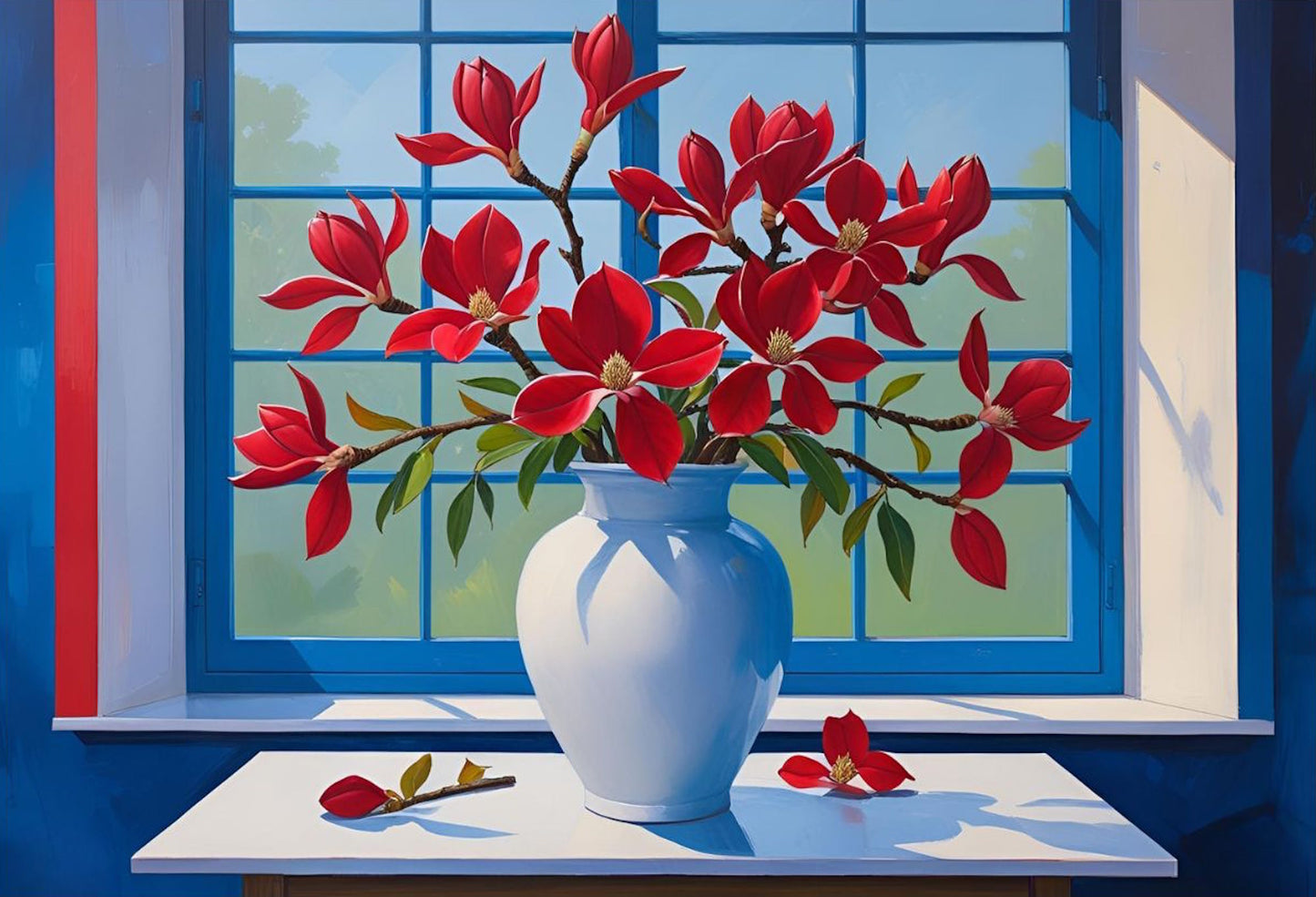 Red Magnolias in White vase on table wall art print