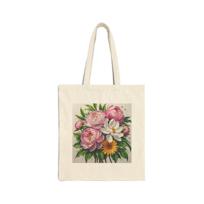 Canvas tote bag with  Pink, White and yellow floral print.