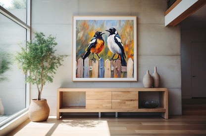 Framed painting of two birds on a fence above a wooden cabinet in a room with a plant and vases.