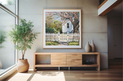 Modern living room with wooden console table, potted plant, and framed picture of a house with a white picket fence and two Magpies on the fence..