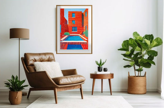 Modern living room with a brown leather armchair, colorful Red brick building and Blue water pool abstract painting, and potted plants.
