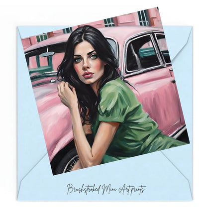 dark haired girl with green eyes near  pink vintage car portrait mini art print