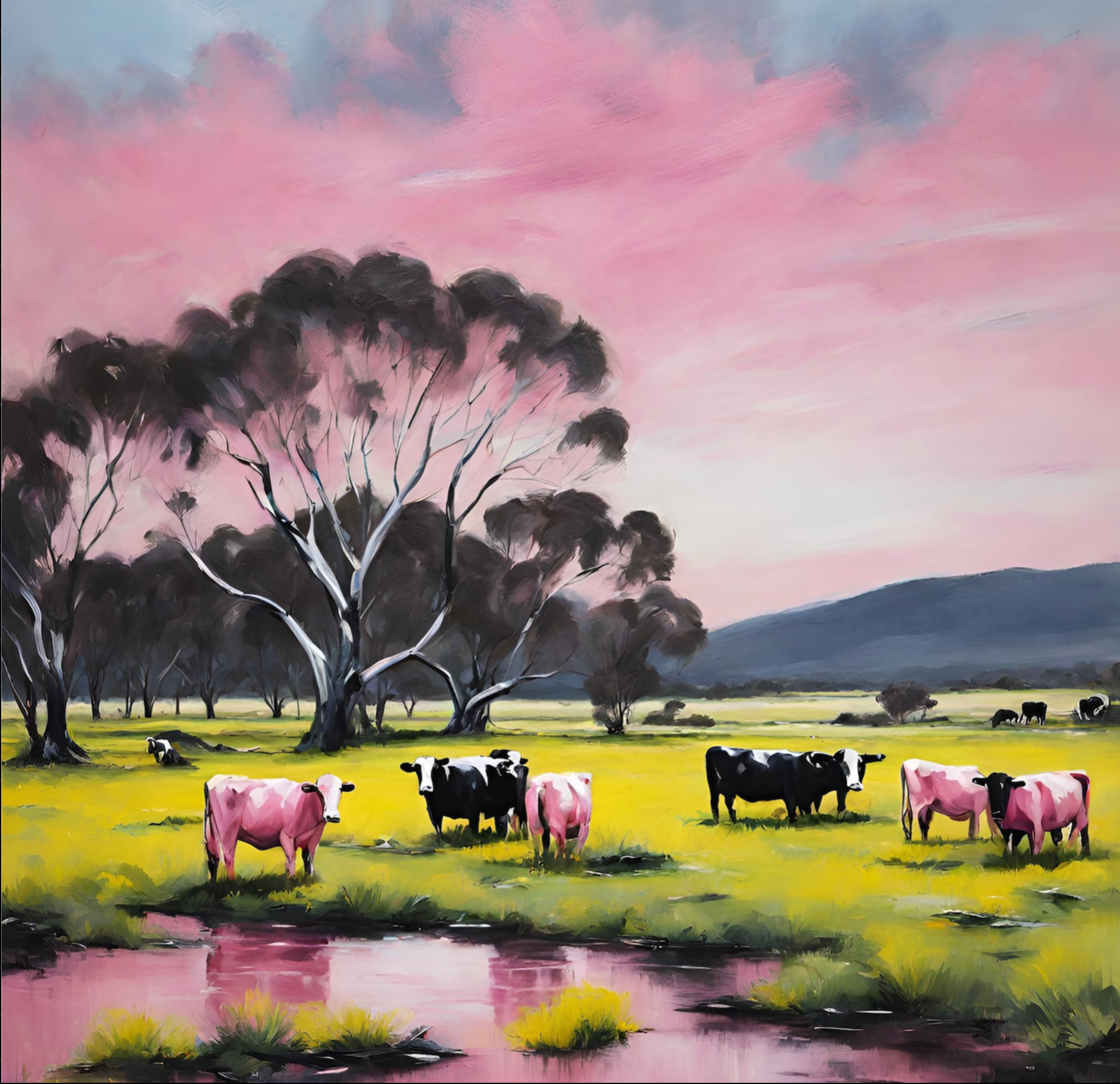 Grampian mountains gum trees and pink and black cows landscpe art