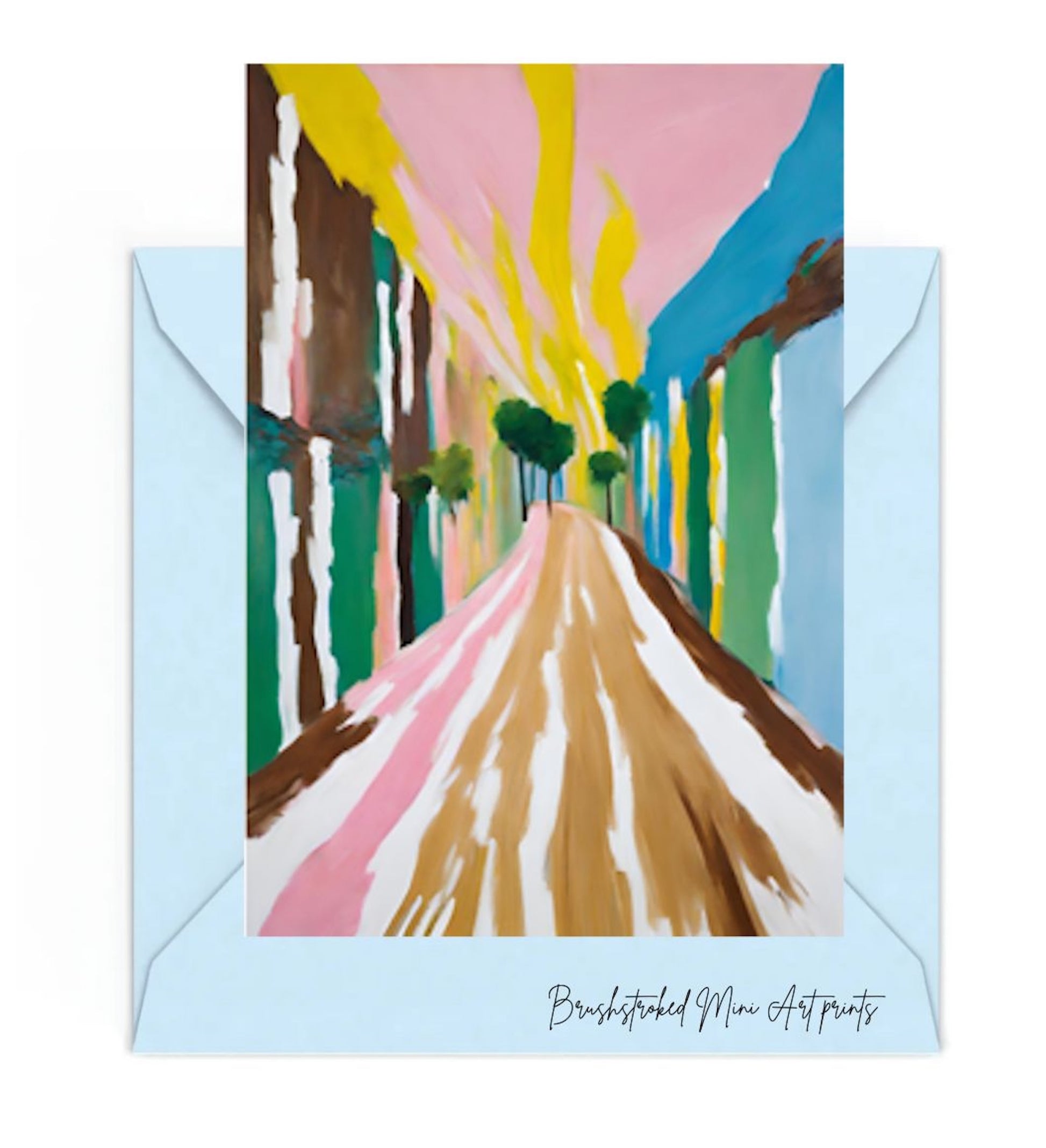 colourful david hockney style landscape abstrat with trees and path mini art print, on top of a blue envelope
